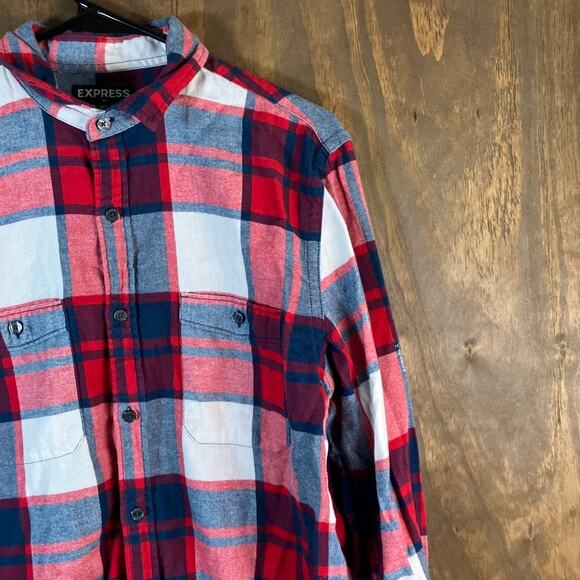 Express Mens Shirt Red White Blue Plaid Button Down Flannel 100% Cotton M - Picture 5 of 12